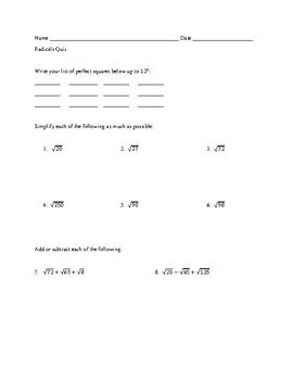 Radicals Quiz Simplify Add Subtract Multiply Rationalize TPT