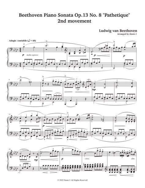 Piano Sonata Op 13 No 8 “pathetique” 2nd Movement Intermediate Level By Ludwig Van