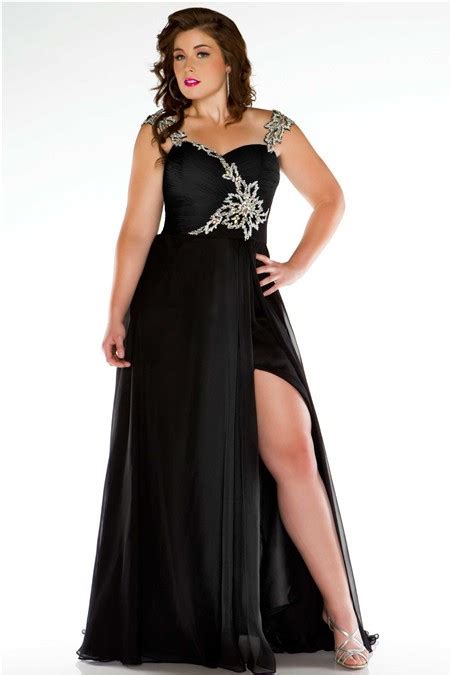 Unusual Straps Long Black Chiffon Beading Plus Size Evening Prom Dress