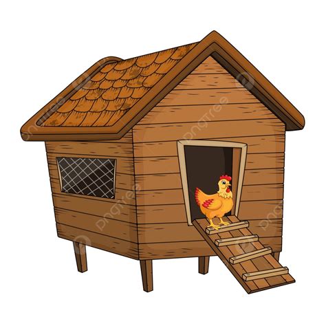 Isolated White Background With Cartoon Hen And Chicken Coop Vector