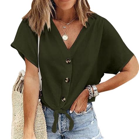 Feitong New Arrival Women Summer Short Sleeve V Neck Solid Button