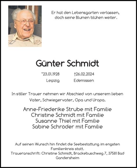 Traueranzeigen Von G Nter Schmidt Trauer Anzeigen De