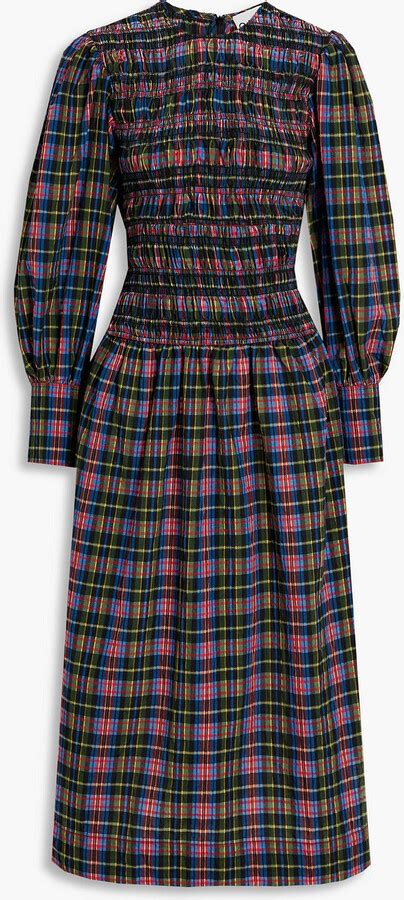 Ganni Shirred Checked Cotton Blend Seersucker Midi Dress Shopstyle