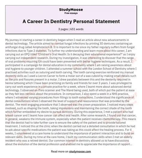 A Career In Dentistry Personal Statement Free Essay Sample