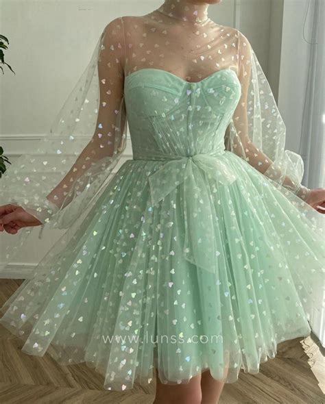 Mint Green Tulle Colorful Hearts Puff Sleeve Mini Dress Lunss