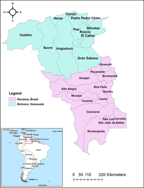 Map of Roraima State, Brazil and Bolivar State, Venezuela. | Download ...