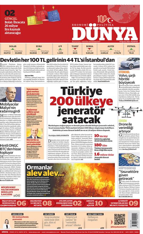 Dünya Gazetesi 19 Ağustos 2024 Pazartesi Günü Manşeti