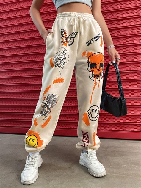 Shein Coolane Skull And Letter Graphic Drawstring Waist Sweatpants