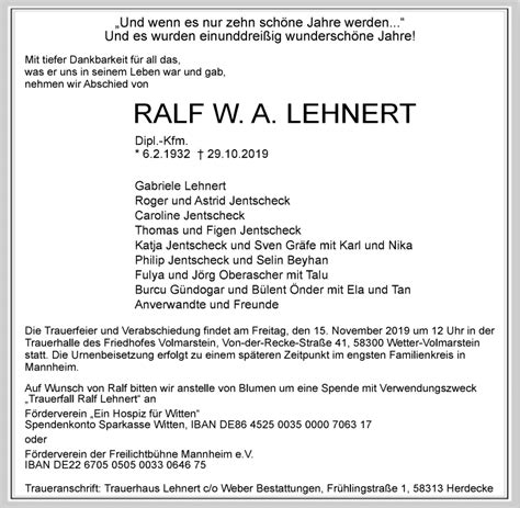 Traueranzeigen Von Ralf W A Lehnert Trauer In NRW De