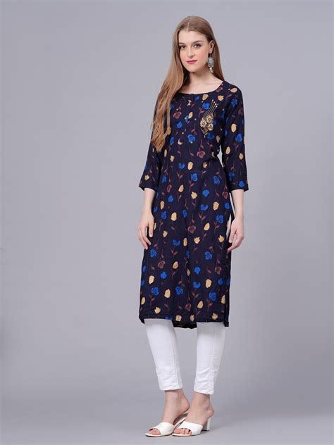 Buy KALINI Floral Printed Round Neck Beads And Stones Straight Kurta