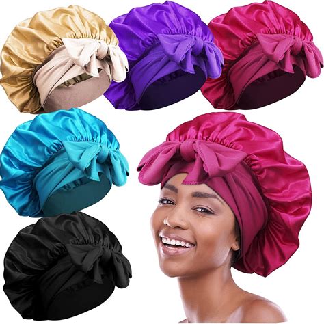 5pcs Women Satin Bonnets Large Silky Bonnet With Tie Band Jumbo Braids