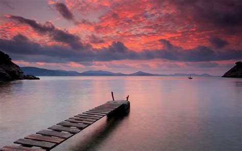 Brown Wooden Dock And View Of Sea During Golden Hour HD Wallpaper