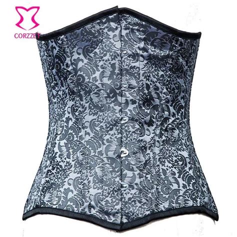 Silver Vintage Brocade Flat Steel Boned Corset Underbust Steampunk