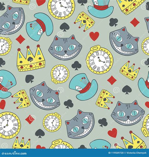 Vector Seamless Pattern with the of Cheshire Cat in Wonderland Stock ...