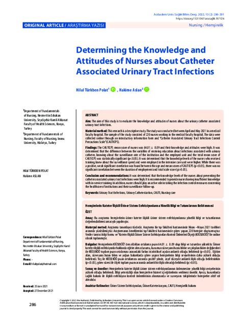 Pdf Determining The Knowledge And Attitudes Of Nurses About Catheter Associated Urinary Tract