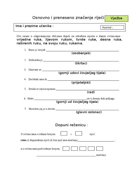 Osnovno I Preneseno Značenje Riječi Vježba 6 R | PDF