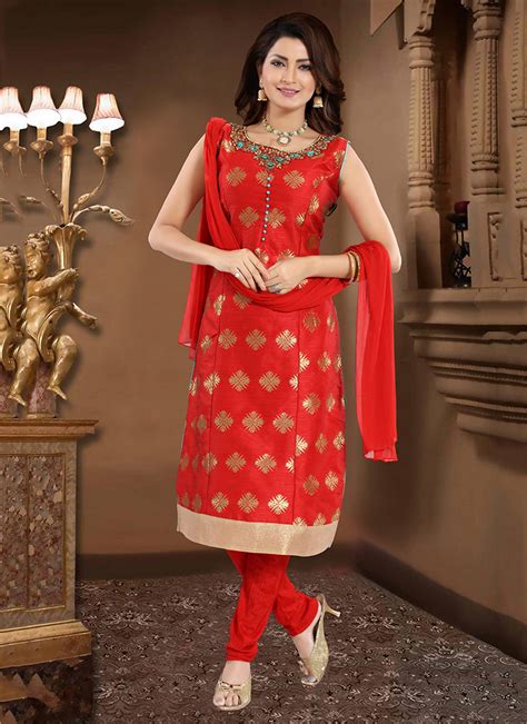 Buy Red Brocade Festival Wear Hand Work Readymade Churidar Suit Online