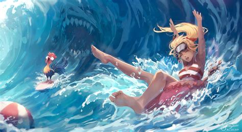 Bigtravart Anime Girls Animals Closed Eyes Sea Open Mouth Striped Beach ...