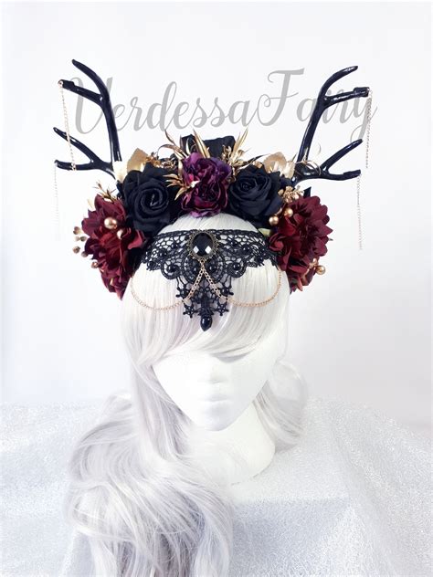 Woodland Gothic Deer Antler Headpiece Black And Burgundy Etsy