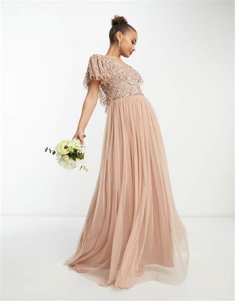 Beauut Bridesmaid Emellished Bodice Maxi Dress With Flutter Sleeve In