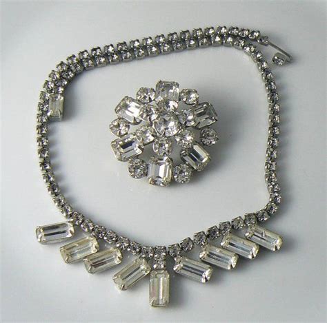 Vintage Weiss Clear Baguette Rhinestone Necklace And Brooch Unique