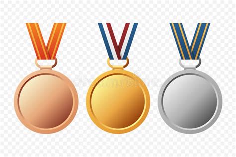 Vector Gold Silver And Bronze Award Medal Icon Set With Color Ribbons