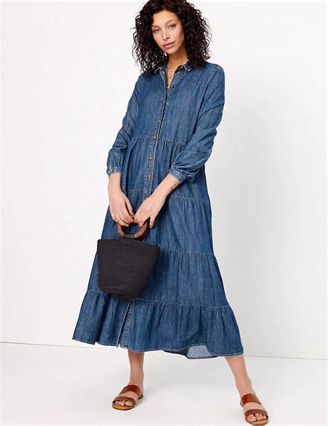 Denim Tiered Midi Shirt Dress Per Una M S Tiered Dresses Stylish