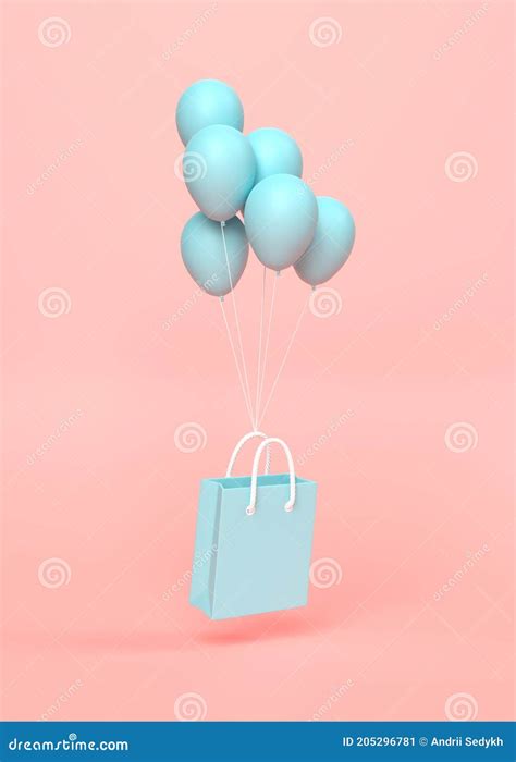 Flying Shopping Bag With Balloons On A Pink Background Stock