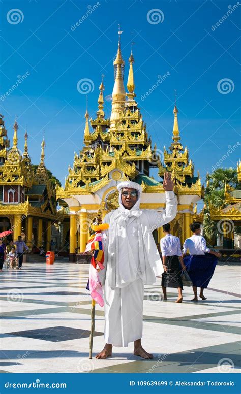 Buddhist Guide At Shwedagon Paya Pagoda In Yangon Myanmar Bu