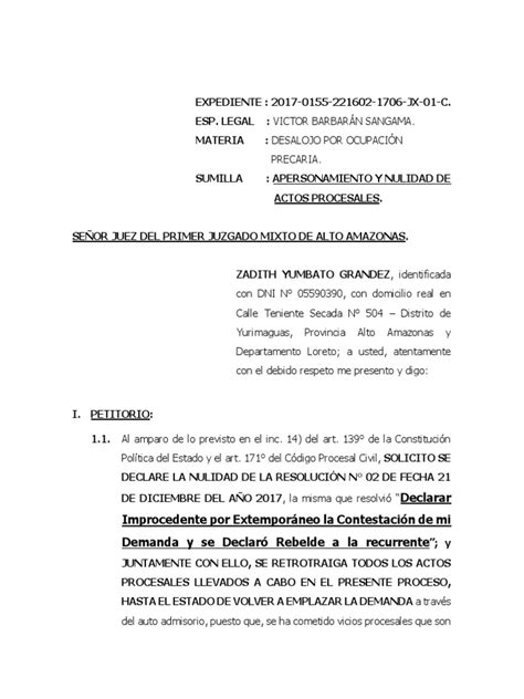 Escrito De Apersonamiento Y Nulidad De Actos Procesales Ley Procesal Demanda Judicial