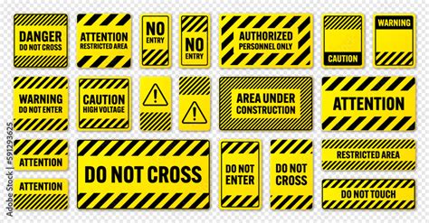 Various Black And Yellow Warning Signs With Diagonal Lines Attention