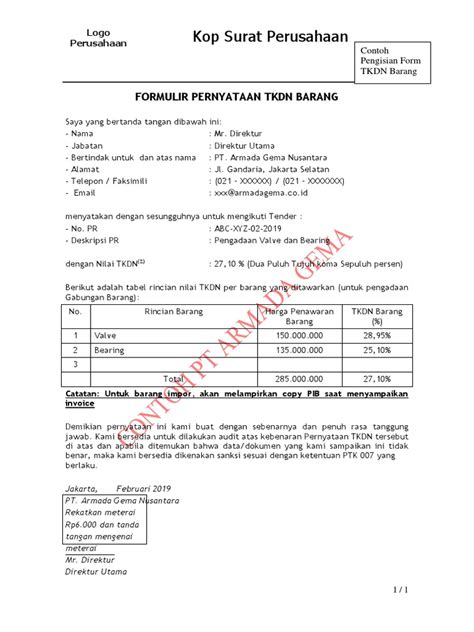Contoh Surat Pernyataan Tkdn Barang Pdf