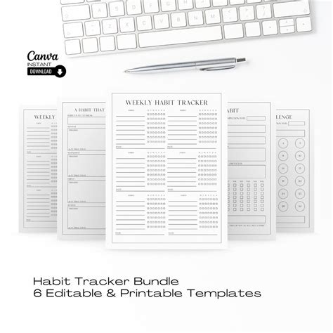 Editable Monthly Habit Tracker Template Bundle, Printable 30 Day Challenge, Fillable Routine ...