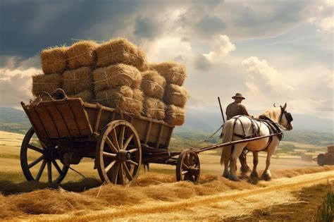 Fermier Sur Chariot Tiré Par Des Chevaux Transportant Des Balles De