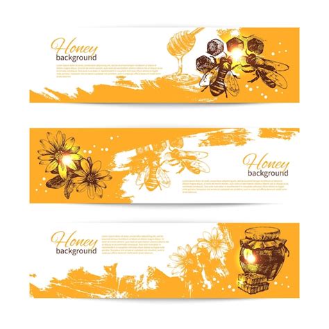 Premium Vector Set Of Honey Banners With Hand Drawn Sketch Illustrations