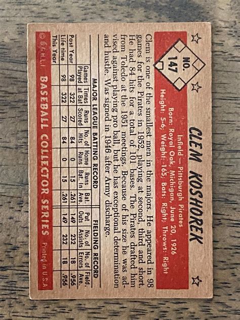 Clem Koshorek Bowman Baseball Pittsburgh Pirates Vg Ex Ink No