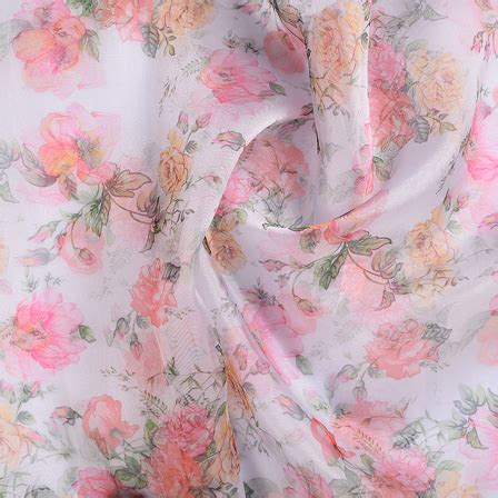 Buy White Pink And Green Flower Organza Digital Print Fabric