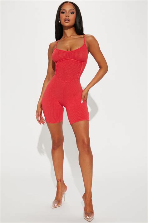 Rylee Mineral Wash Rib Romper Red Fashion Nova Rompers Fashion Nova