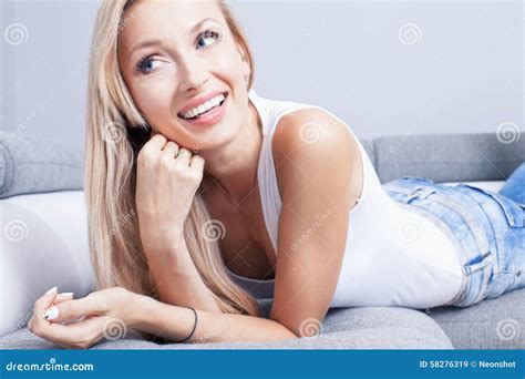 Beautiful Smiling Lady At Home Stock Image Image Of Jeans Blonde