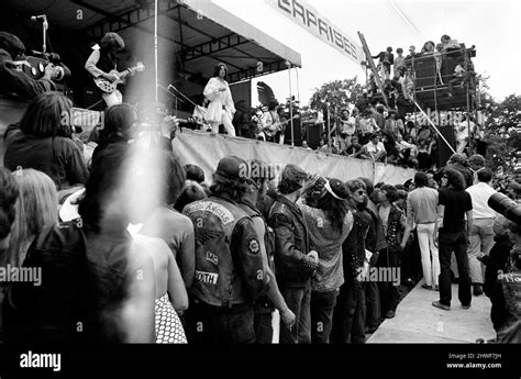 The Rolling Stones On Stage Watched By Hells Angels At Their Free