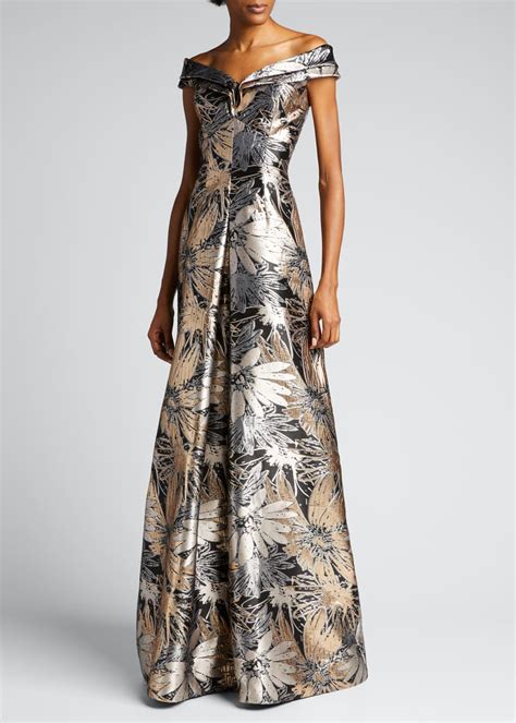 Rickie Freeman For Teri Jon Off Shoulder Metallic Floral Jacquard Gown