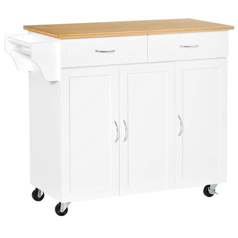 HOMCOM Rolling Kitchen Island Cart On Wheels With Large Bamboo