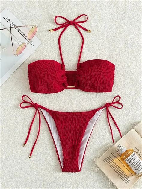 Sexy Triangle Bikini 2024 Women Red Black Ribbed Push Up Micro Swimsuit