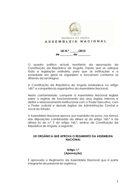 Regimento da Assembleia Nacional de Angola LEI N º de