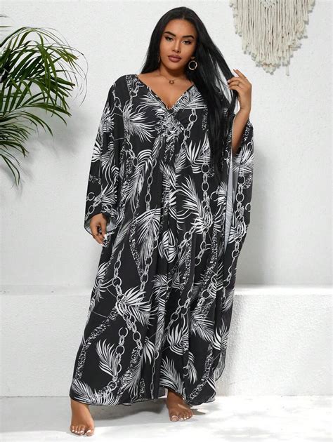 Shein Swim Lushore Vestido Maxi Plus Size Estampa Completa E Decote