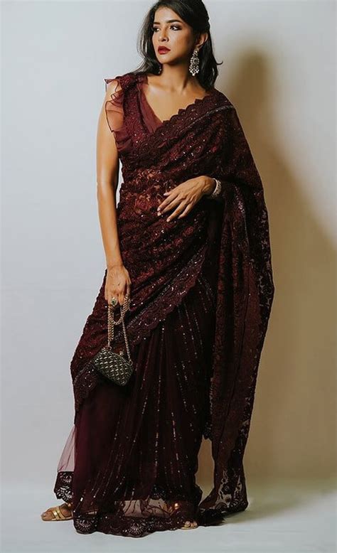 Lakshmi Manchu In Maroon Saree By Jade By Monica And Karishma