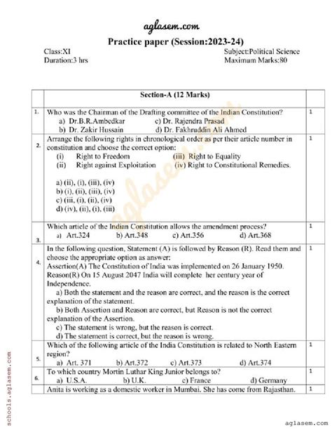 Class Political Science Sample Paper Pdf Annual Exam Model