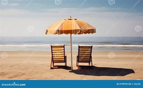 Orange Beach Umbrella With Chairs On The Sand Beach Summer Vacation