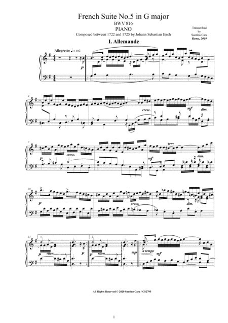 Bach French Suite No 5 In G Major BWV 816 For Piano Arr Santino