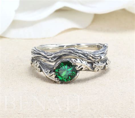 Emerald Leaf Engagement Ring Set Silver Emerald Leaf Rings Benati